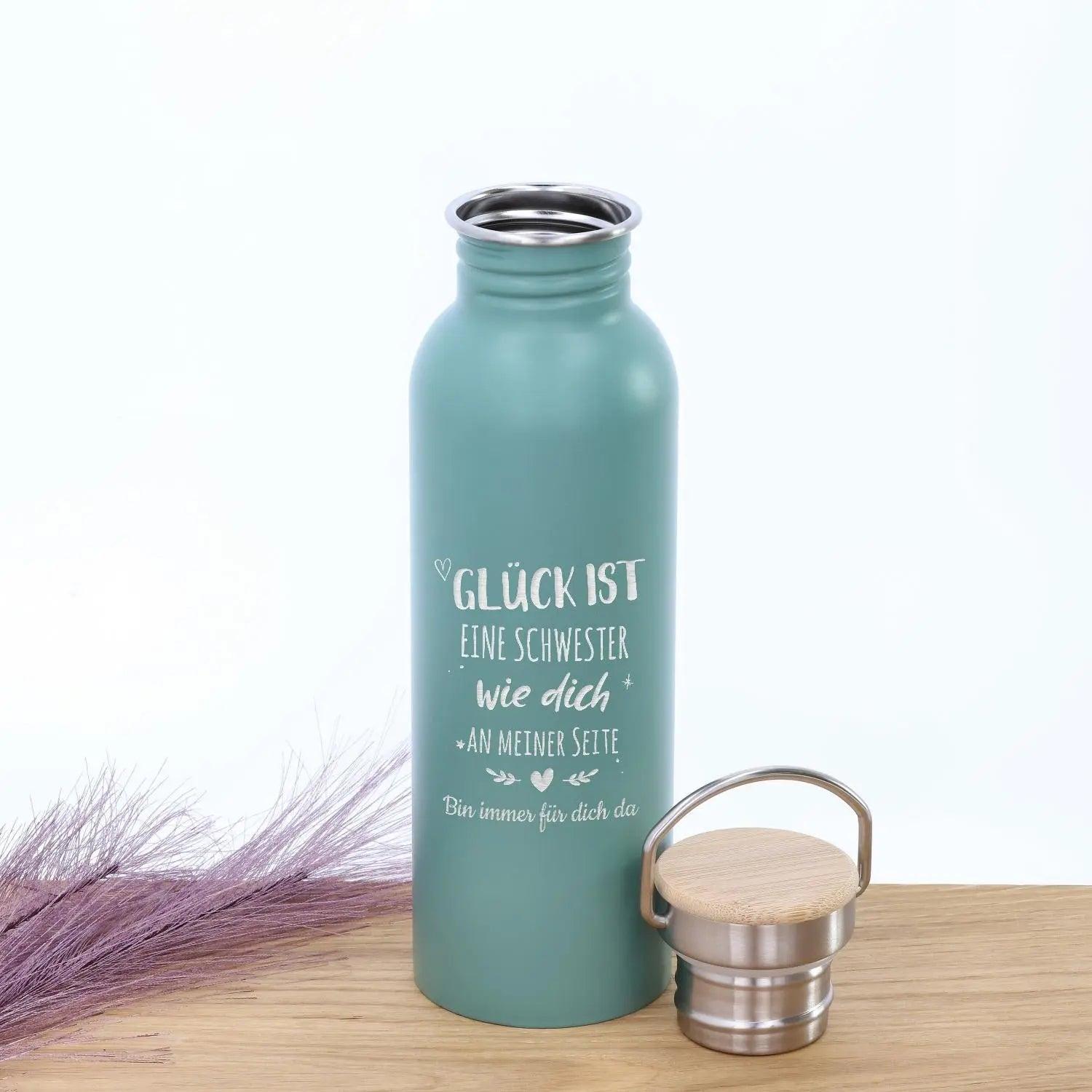 Edelstahl Trinkflasche personalisiert mit Bambus-Deckel in türkis (700 ml)