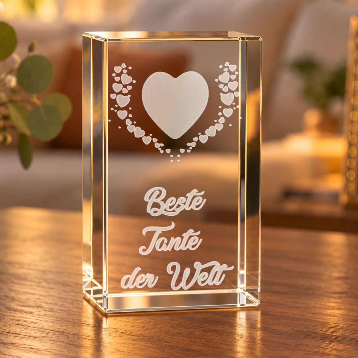Glaskristall Beste Tante der Welt mit 3D-Herzen und Schriftzug auf einem Holztisch im Wohnraum bei warmem Licht