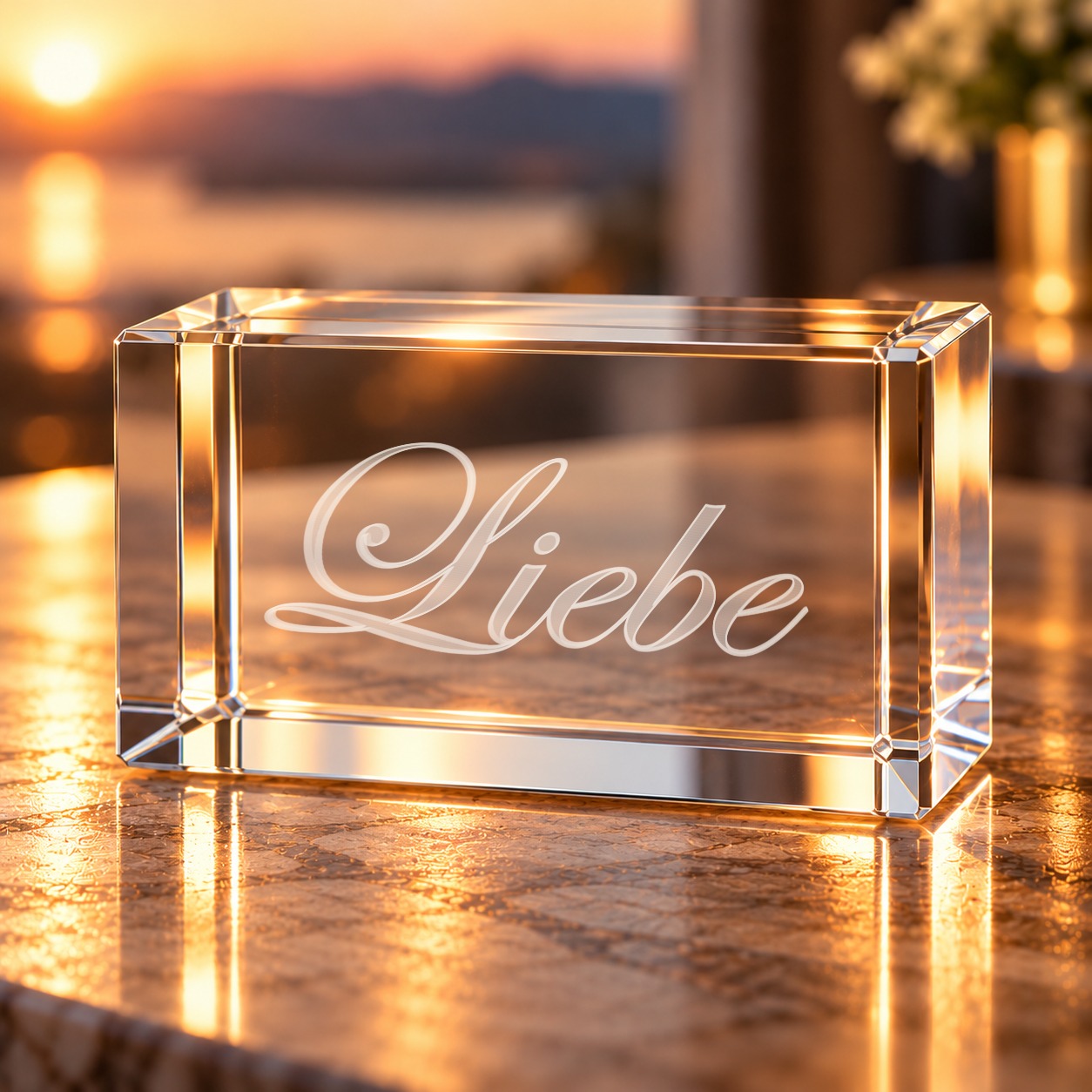 Glaskristall Liebe: 3D-Glasquader mit Schriftzug „Liebe“ in Schreibschrift auf einer Ablage im Abendlicht