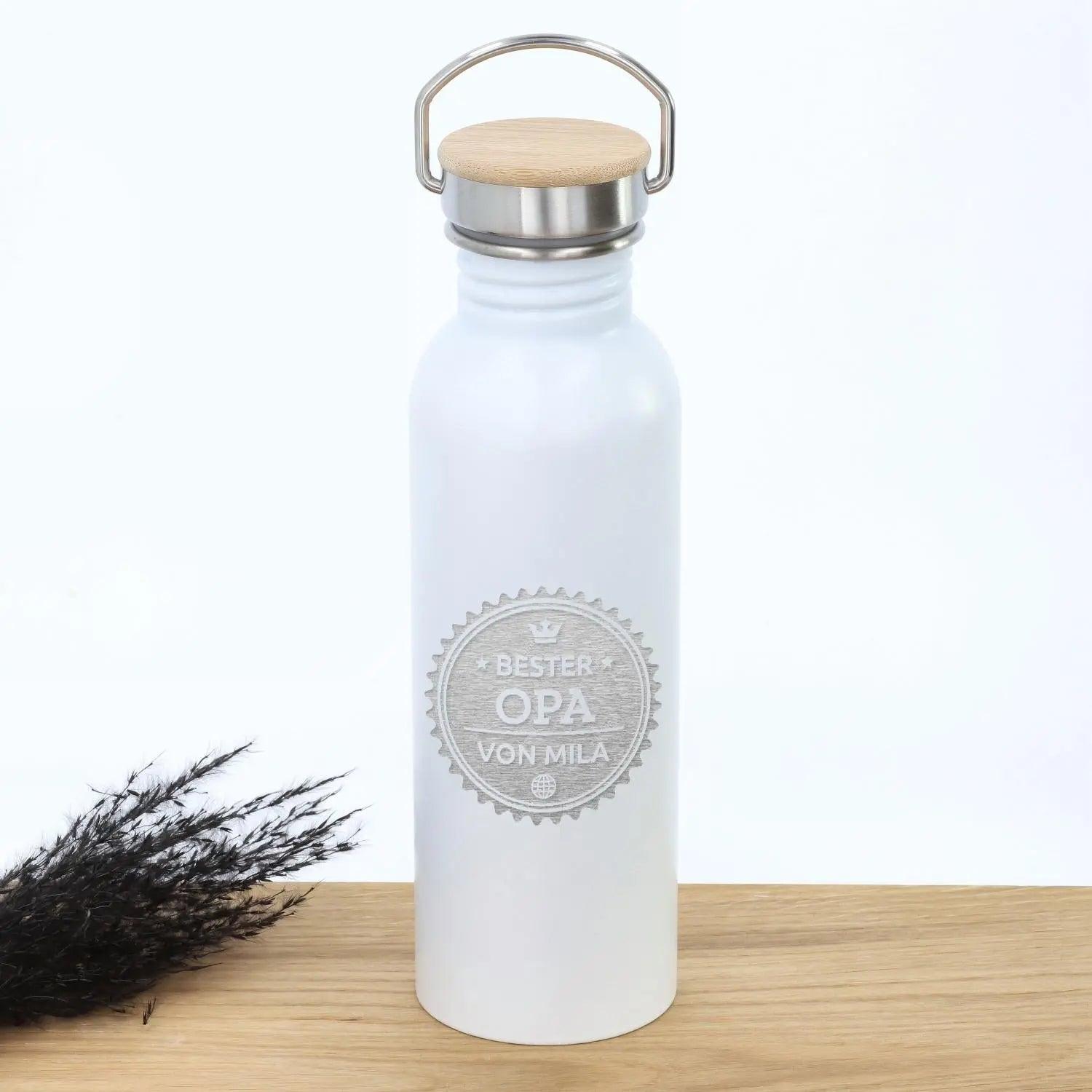 Edelstahl Trinkflasche personalisiert mit Bambus-Deckel in weiß (700 ml)