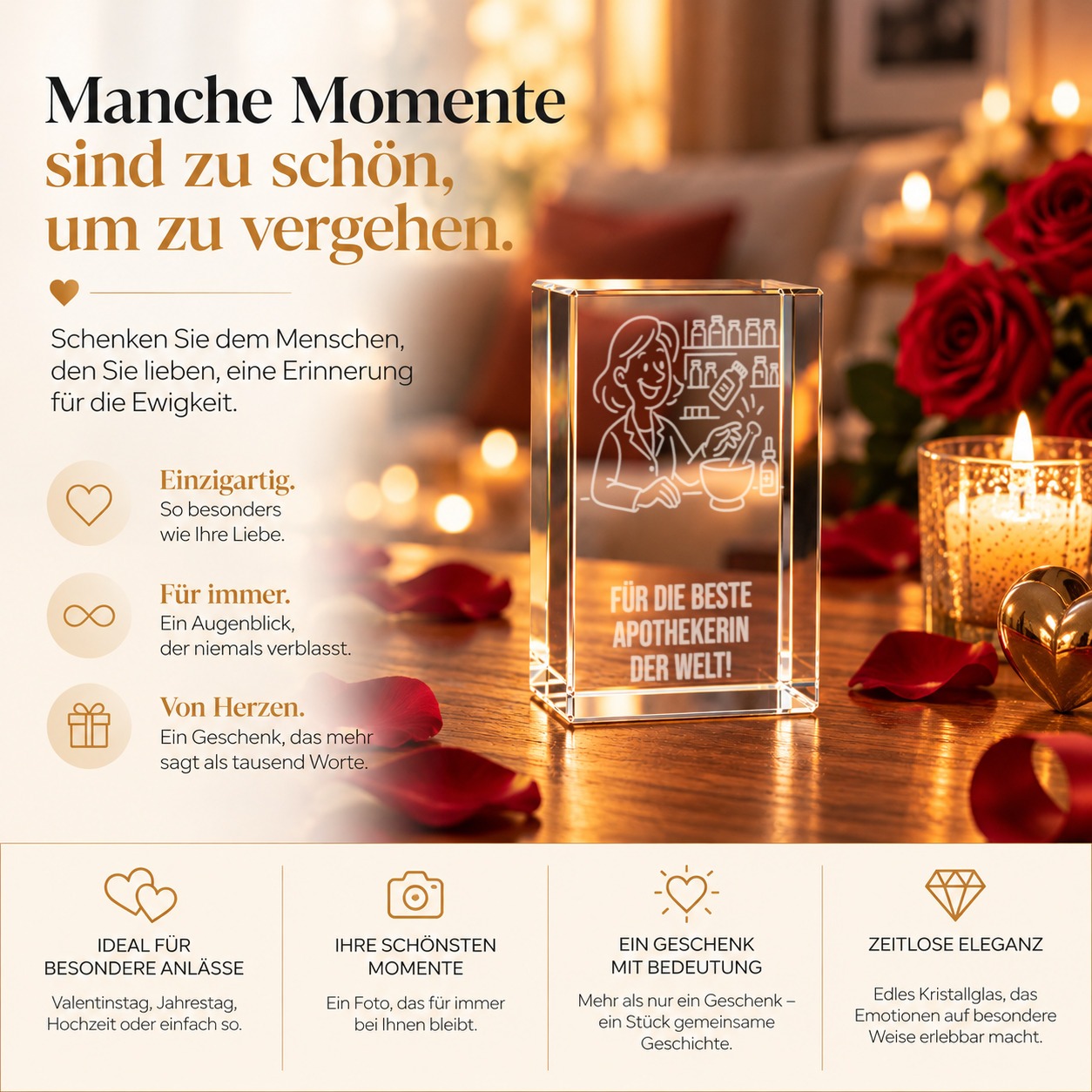 Glasquader aus optischem Kristallglas als Geschenk für Apothekerinnen, Seitenansicht mit klaren Kanten