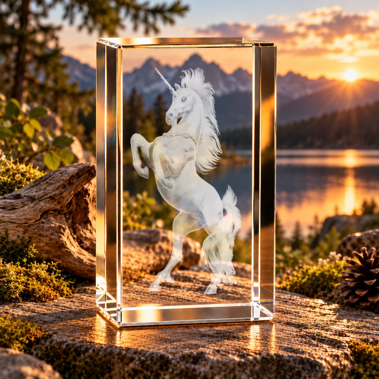 3D-Glaskristall Einhorn mit Laser-Innengravur eines aufsteigenden Einhorns, auf einem Felsen vor Bergsee im Abendlicht