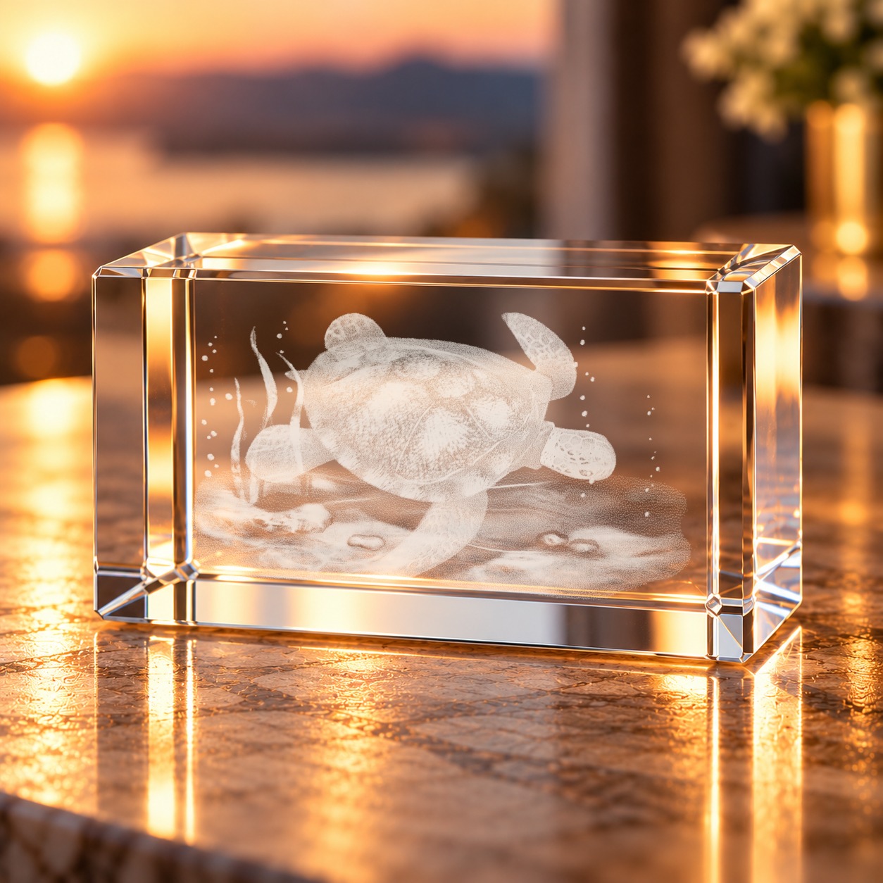 3D-Glaskristall Schildkröte als Glasquader mit Laserinnengravur auf einem Sideboard im Wohnraum bei Abendlicht