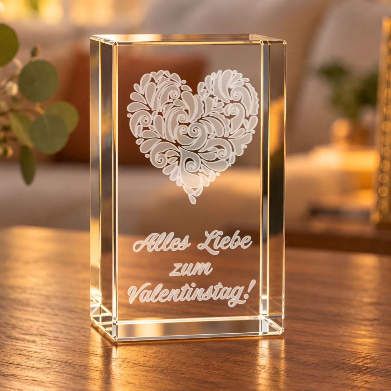 Glaskristall Herz mit verzierter 3D-Gravur und Schriftzug „Alles Liebe zum Valentinstag!“ auf einem Holztisch im Wohnraum