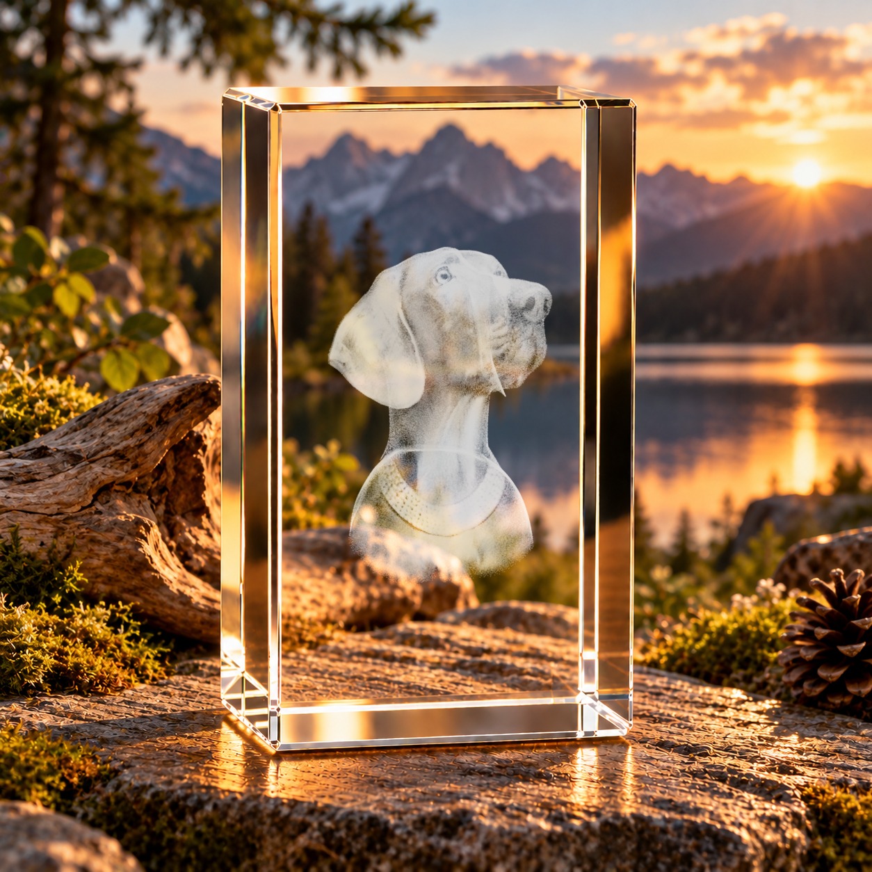 Glaskristall Weimaraner mit 3D-Laserinnengravur eines Hundekopfs, aufgestellt im Abendlicht vor Bergsee und Bergkulisse