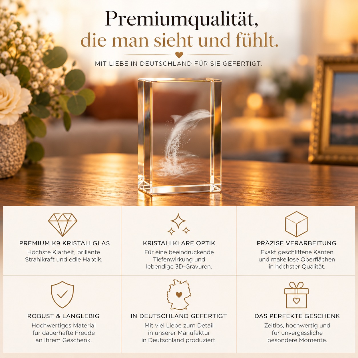 3D Glasquader Motiv: Delfin / Delphin – Qualität
