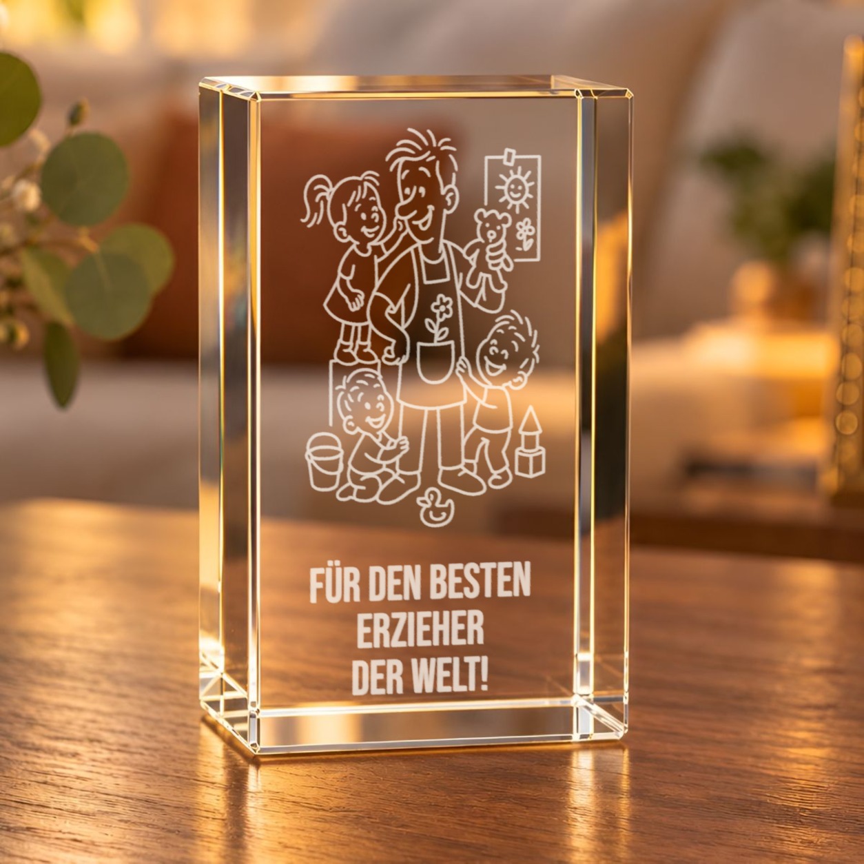 Glaskristall Erzieher: 3D-Glaskristall mit Motiv eines Erziehers mit Kindern und Schriftzug „Für den besten Erzieher der Welt!“ auf einem Holztisch im Wohnraum
