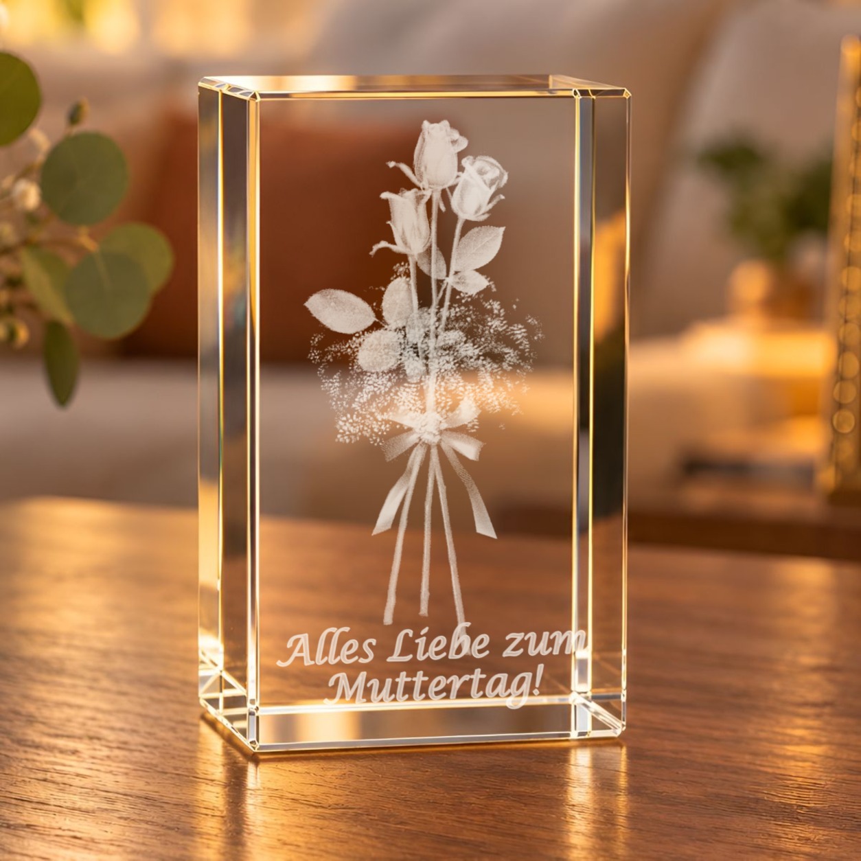 Glaskristall Rosenstrauß mit Laser-Innengravur und Schriftzug „Alles Liebe zum Muttertag!“ auf einem Holztisch im Wohnzimmer