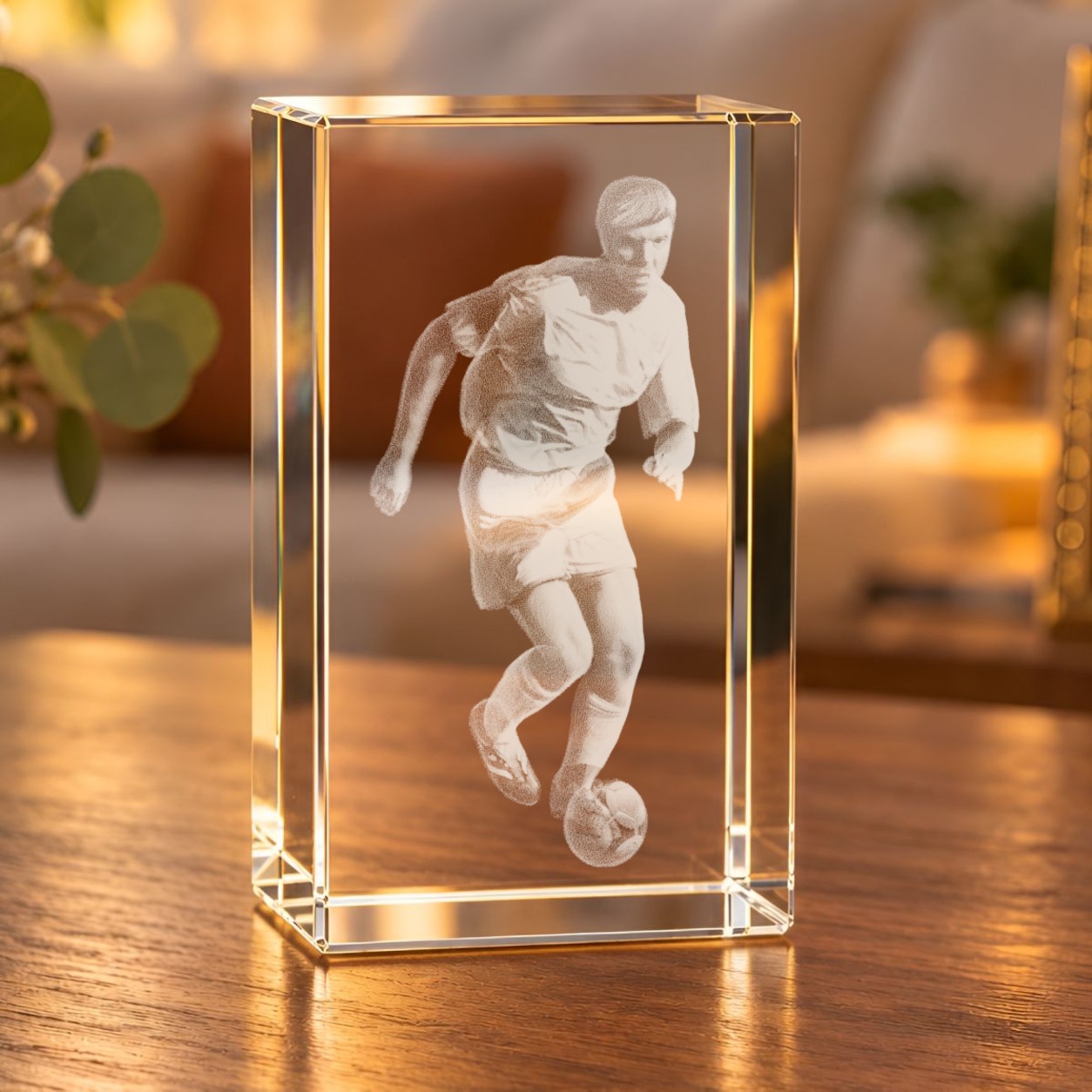 Glaskristall Fußballer mit 3D-Laserinnengravur eines dribbelnden Spielers auf einem Holztisch im Wohnzimmer
