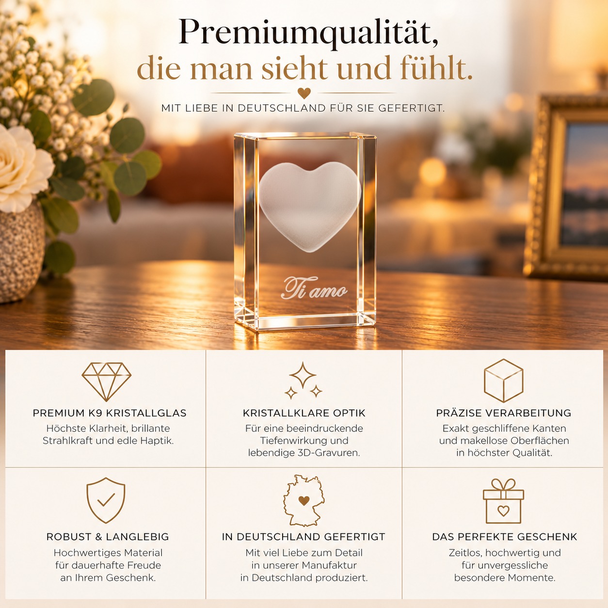 3D Glasquader I Herz I Text: Ti amo – Qualität