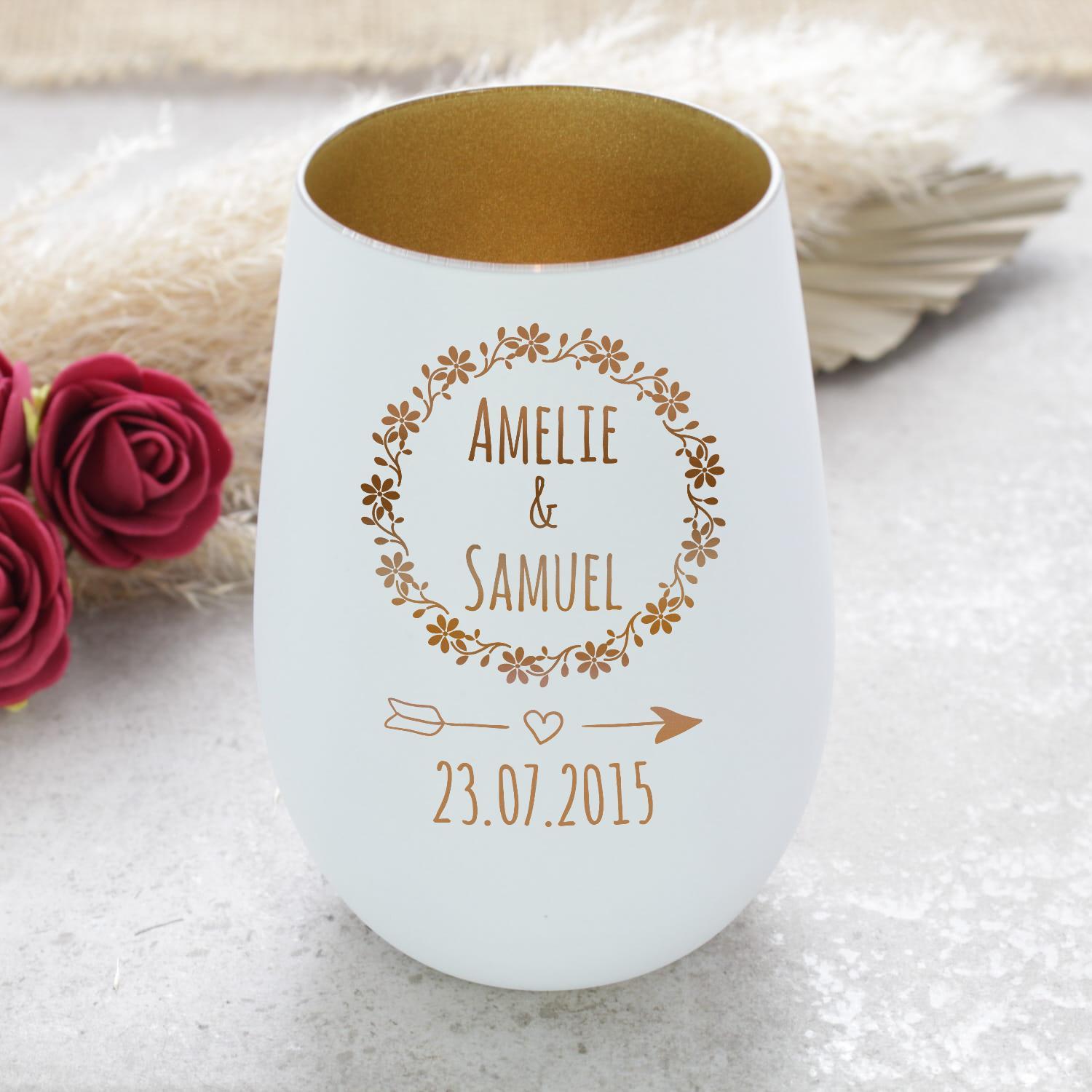 Windlicht mit Gravur Weiß-Gold - personalisiertes Teelichtglas