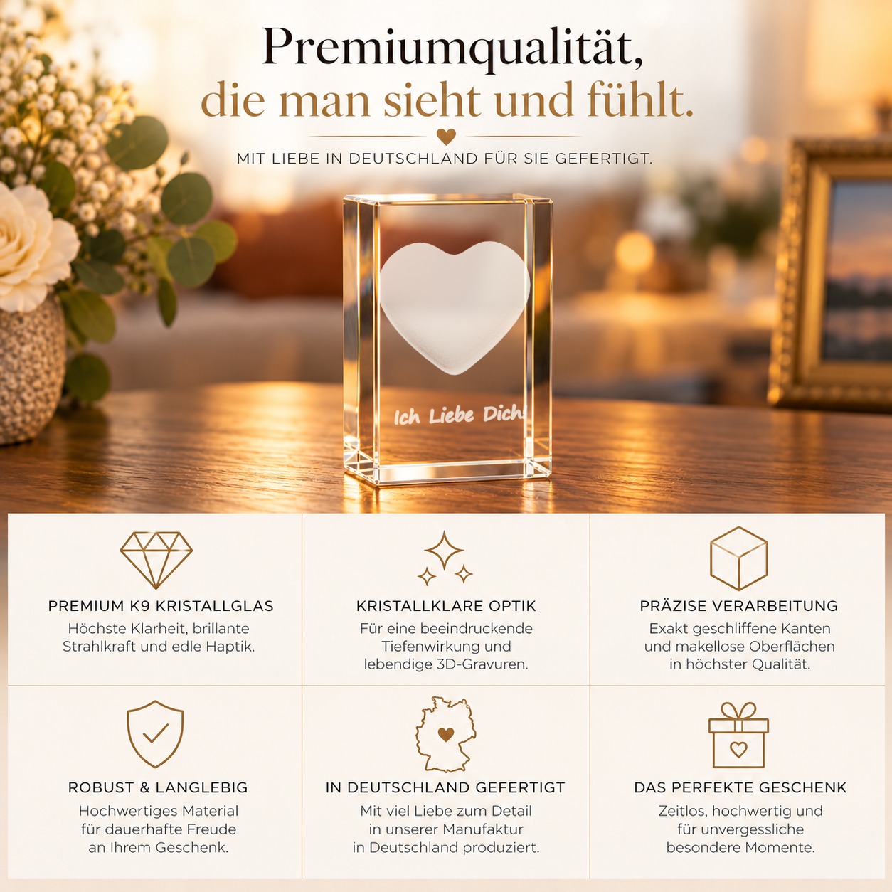 3D Glasquader I Herz I Text: Ich liebe Dich! – Qualität