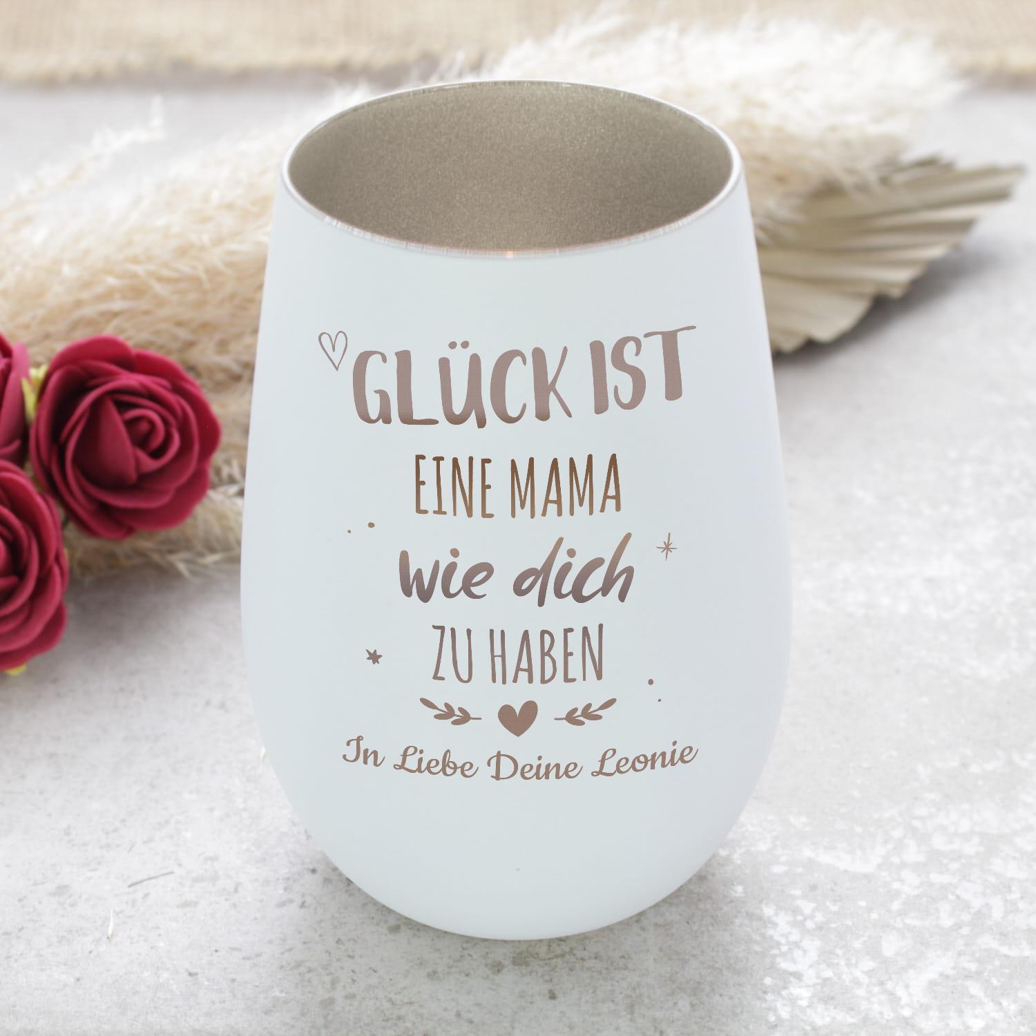 Windlicht mit Gravur Weiß-Silber - personalisiertes Teelichtglas