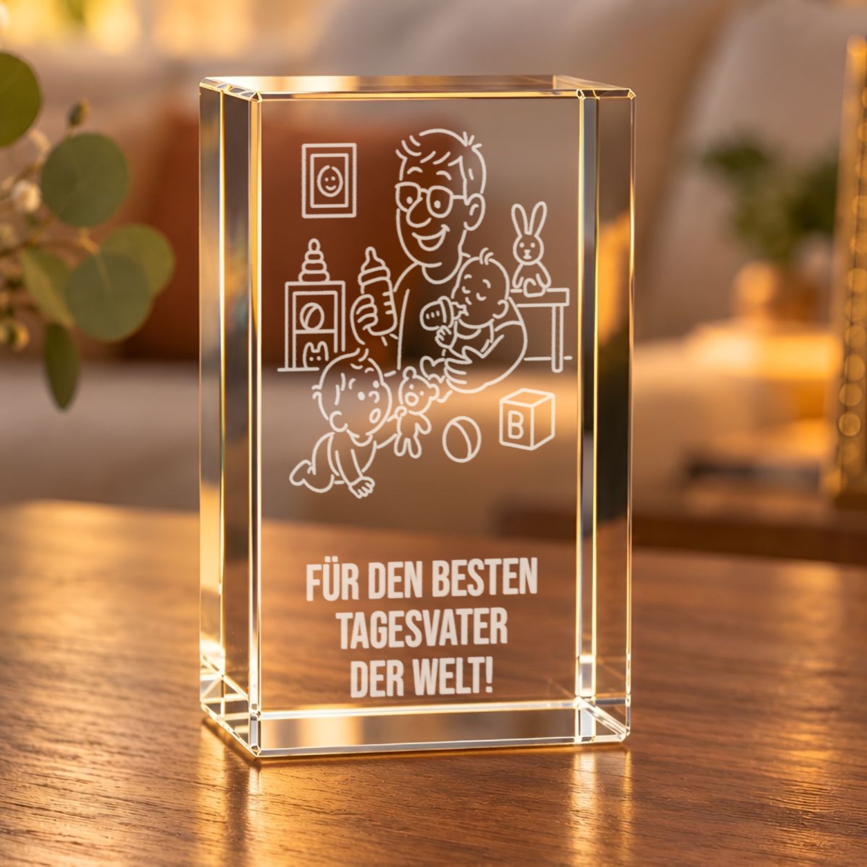3D-Glaskristall Tagesvater mit Laser-Gravur: Tagesvater mit Baby und Fläschchen im Glasquader, auf einem Holztisch im Wohnzimmer