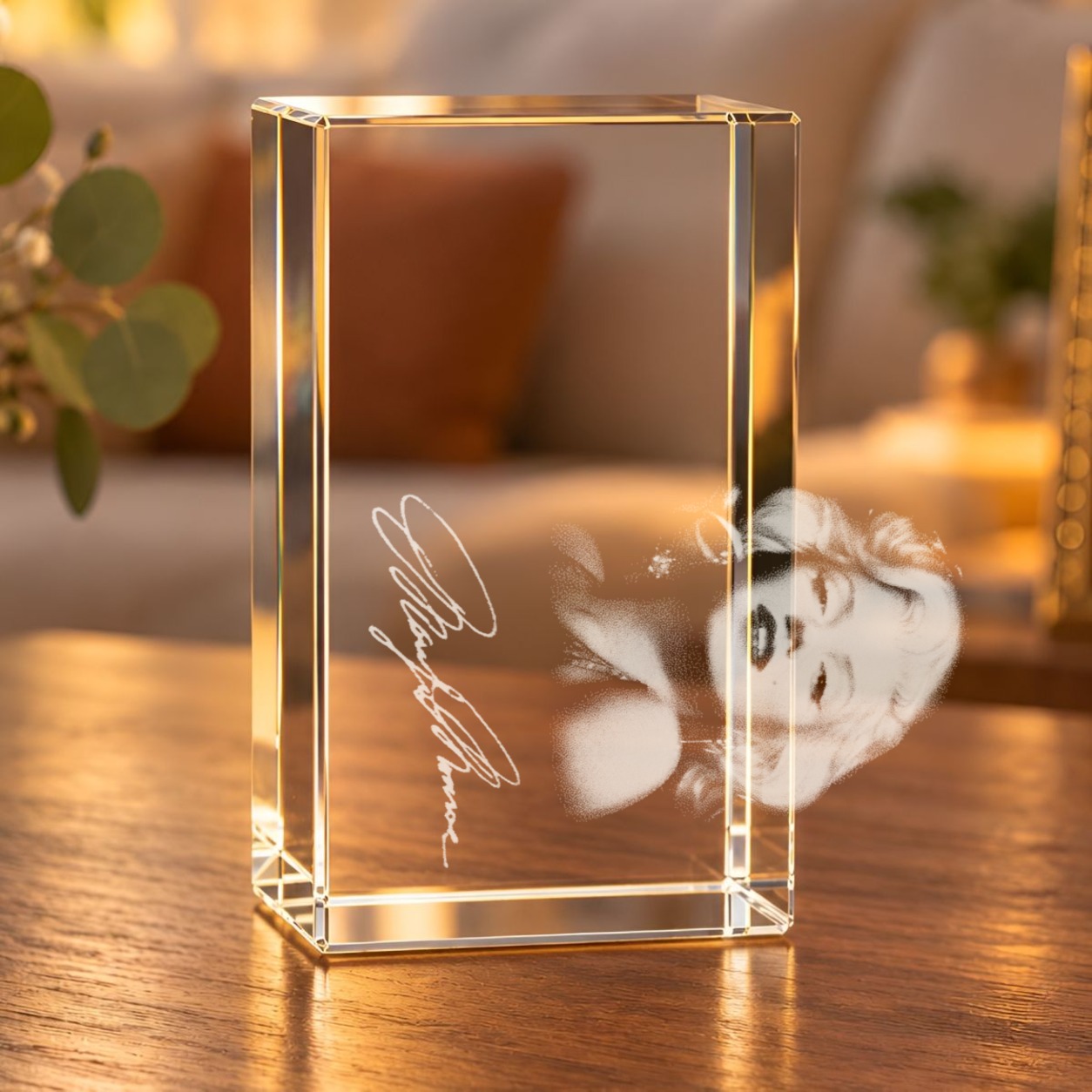 Glaskristall Marilyn Monroe mit 3D-Innengravur aus Porträt und Autogramm auf einem Holztisch im Wohnzimmer