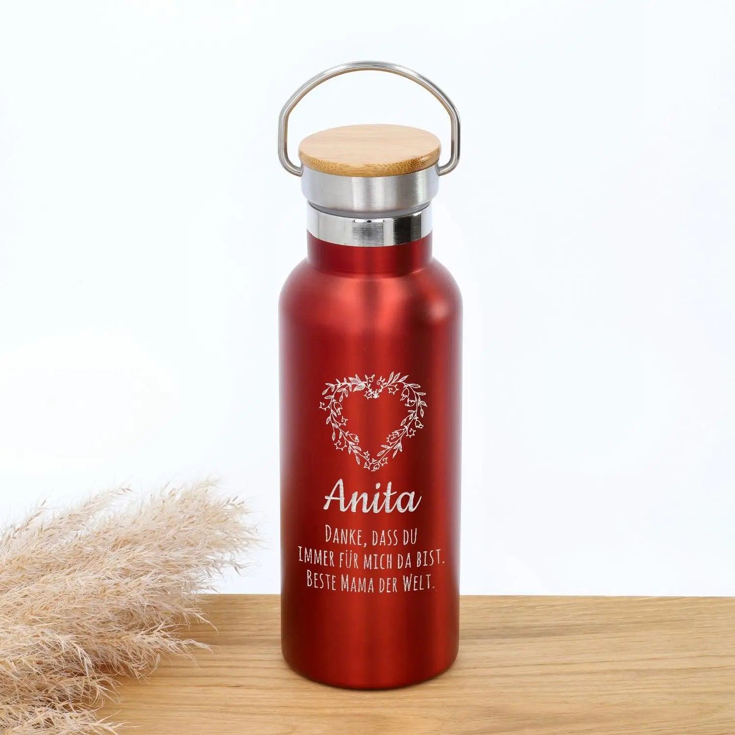 Trinkflasche personalisiert mit Bambus-Deckel in metallic rot (500 ml)