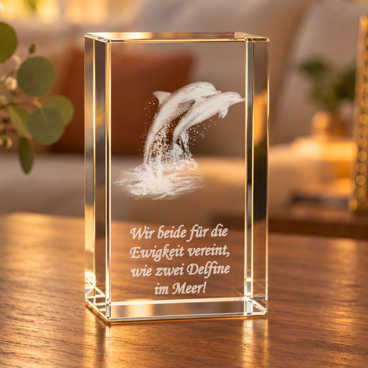 Glaskristall Delfine mit 3D-Innengravur zweier springender Delfine auf einem Holztisch im Wohnzimmer