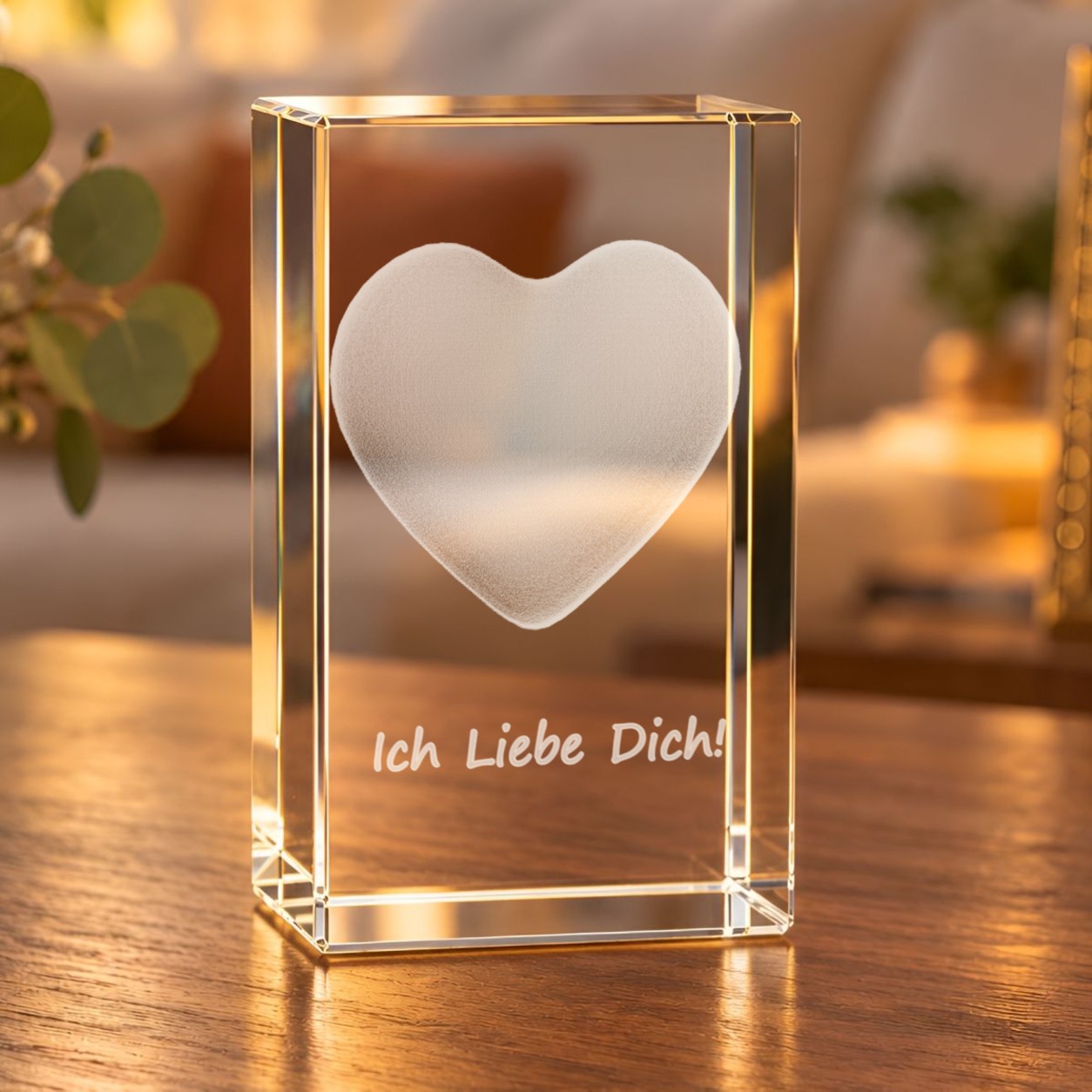 3D-Glaskristall Herz mit Schriftzug „Ich liebe Dich!“ auf einem Holztisch im warm beleuchteten Wohnzimmer