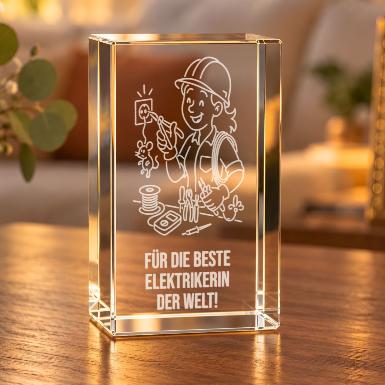 Glaskristall Elektrikerin mit 3D-Laserinnengravur auf einem Holztisch im Wohnraum, Motiv: lächelnde Elektrikerin mit Schutzhelm und Schriftzug