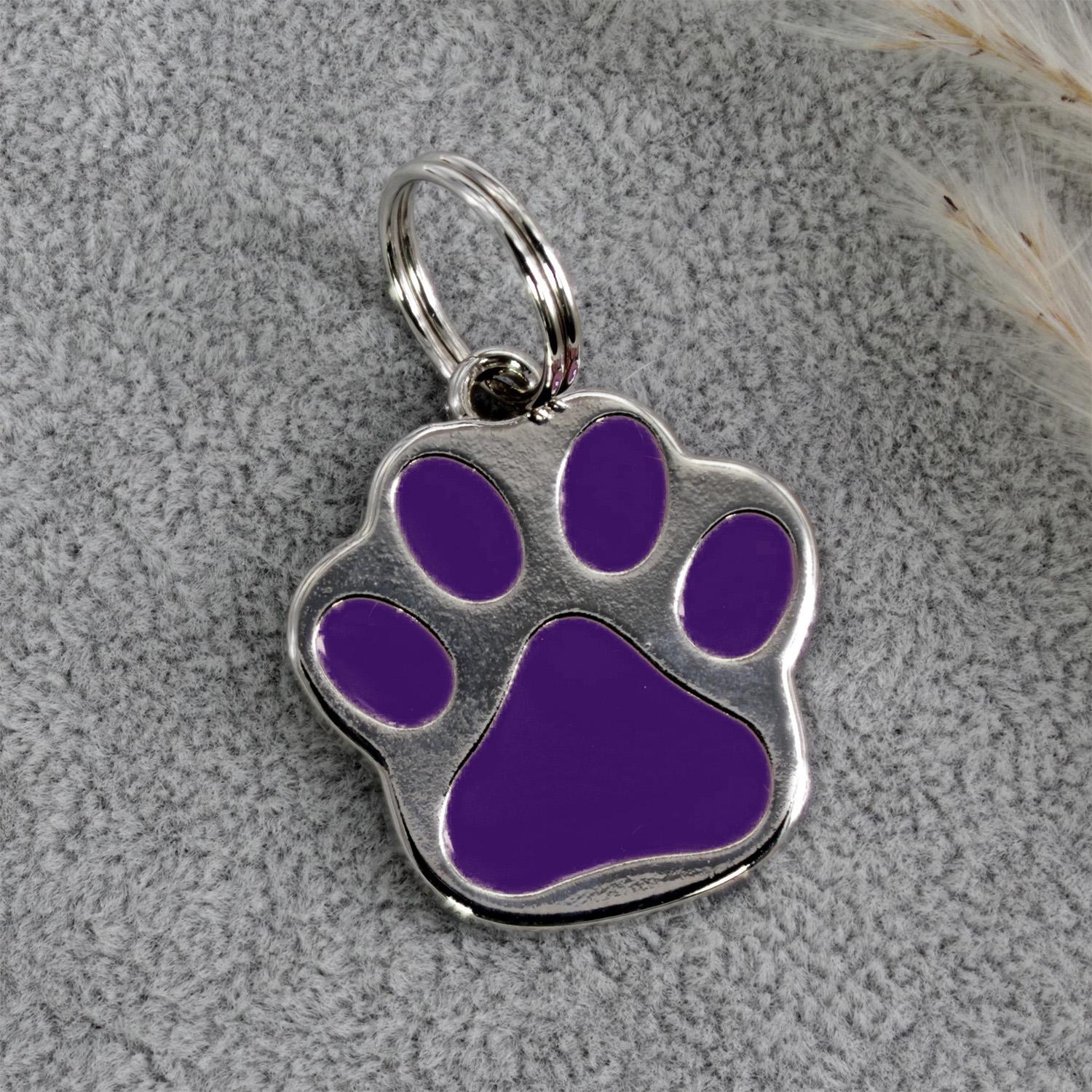 Hundemarke Pfote mit Gravur in Violett/Lila - personalisierte Tiermarke