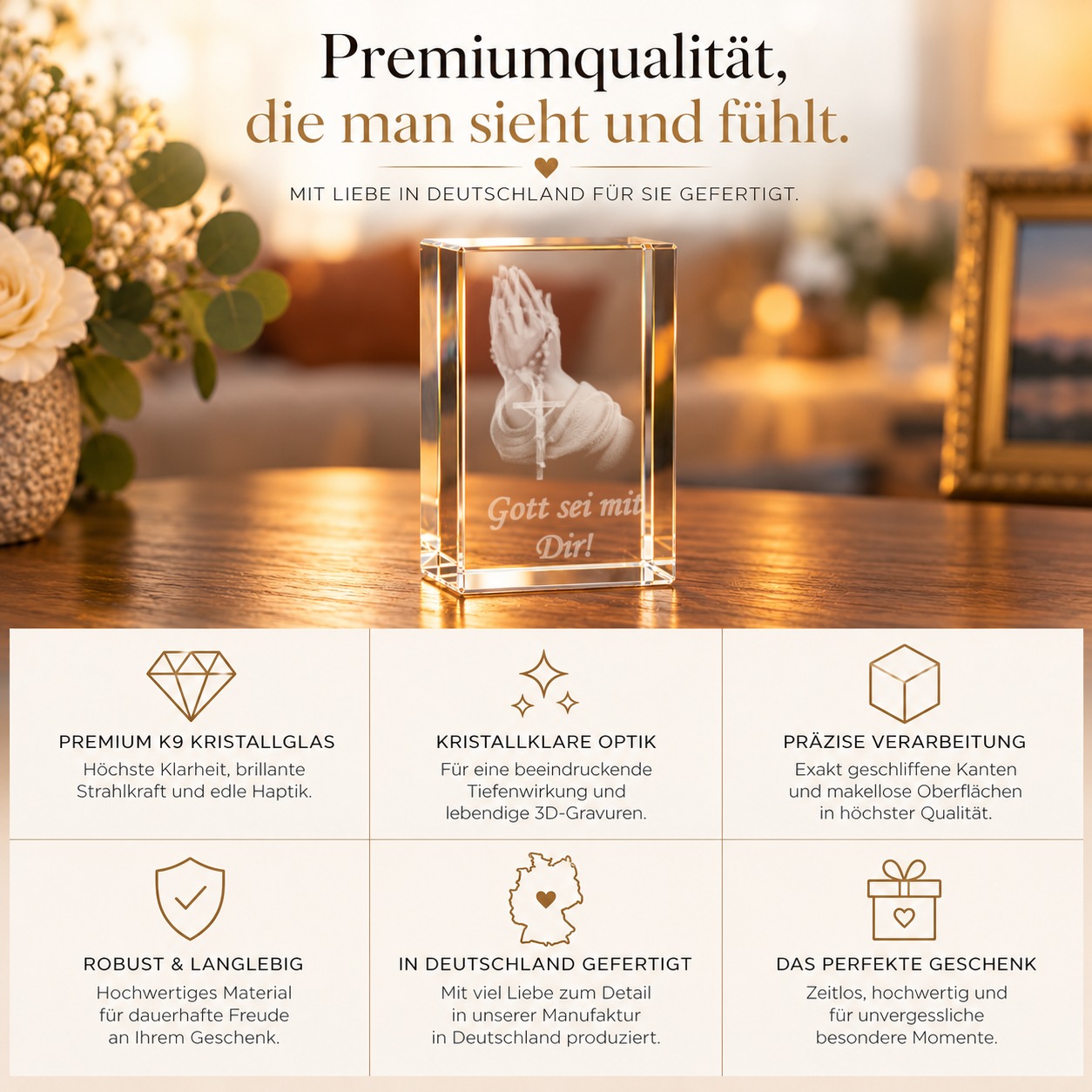 3D Glasquader Motiv: Betende Hände Text: Gott sei mit Dir! – Qualität