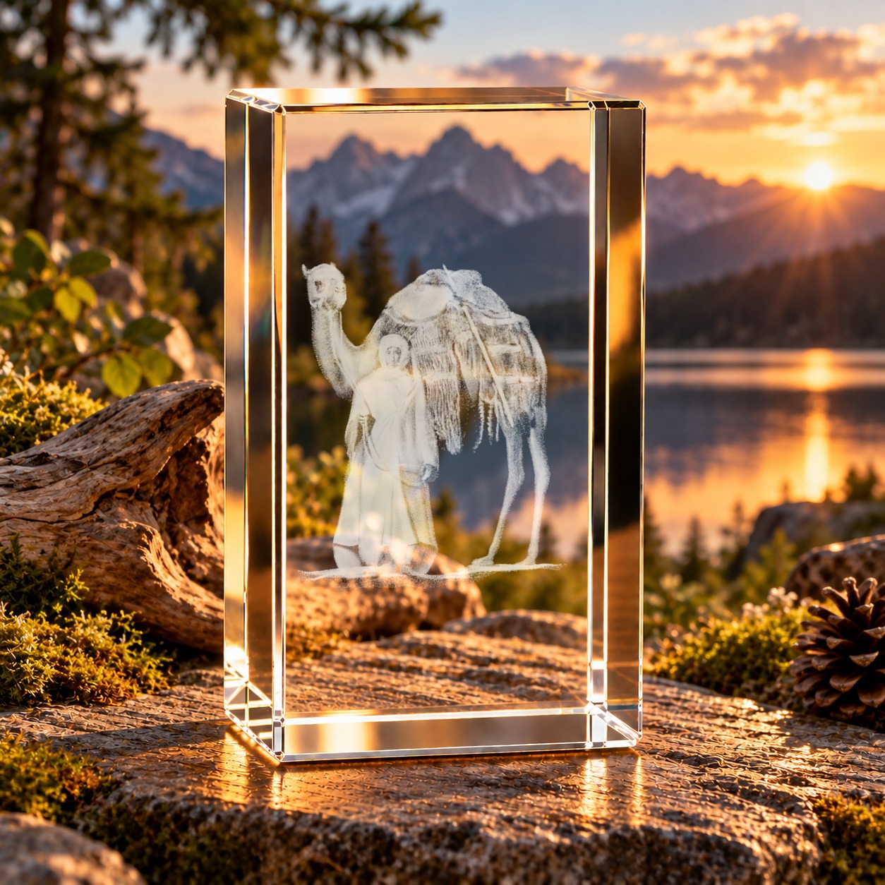 3D-Glaskristall Beduine mit Kamel: Glasquader mit Lasergravur auf einem Stein vor Bergsee im Sonnenuntergang