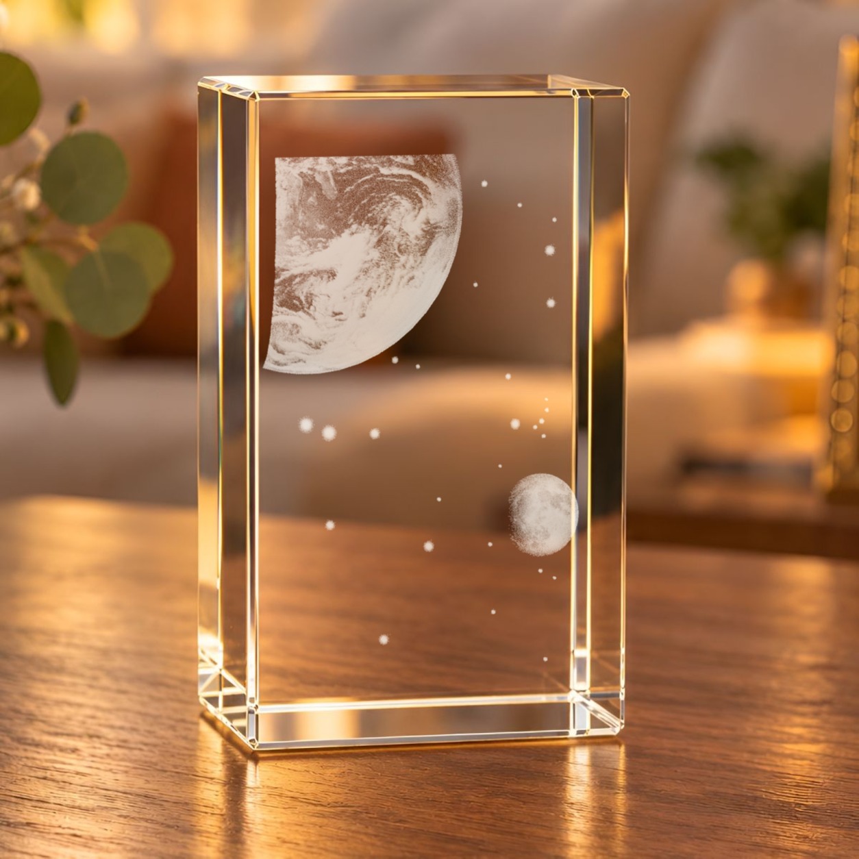 Glaskristall Erde und Mond mit 3D-Laserinnengravur auf einem Holztisch im Wohnzimmer