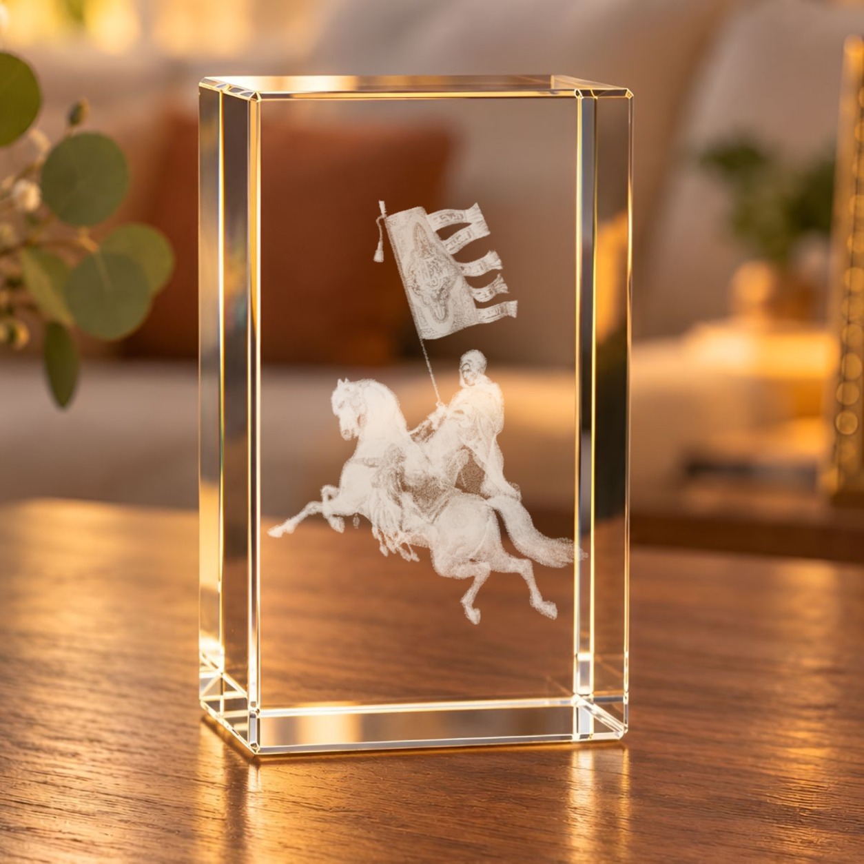 3D-Glaskristall Arabischer Soldat mit Reiter, Pferd und Fahne als Laser-Innengravur auf einem Holztisch im Wohnzimmer