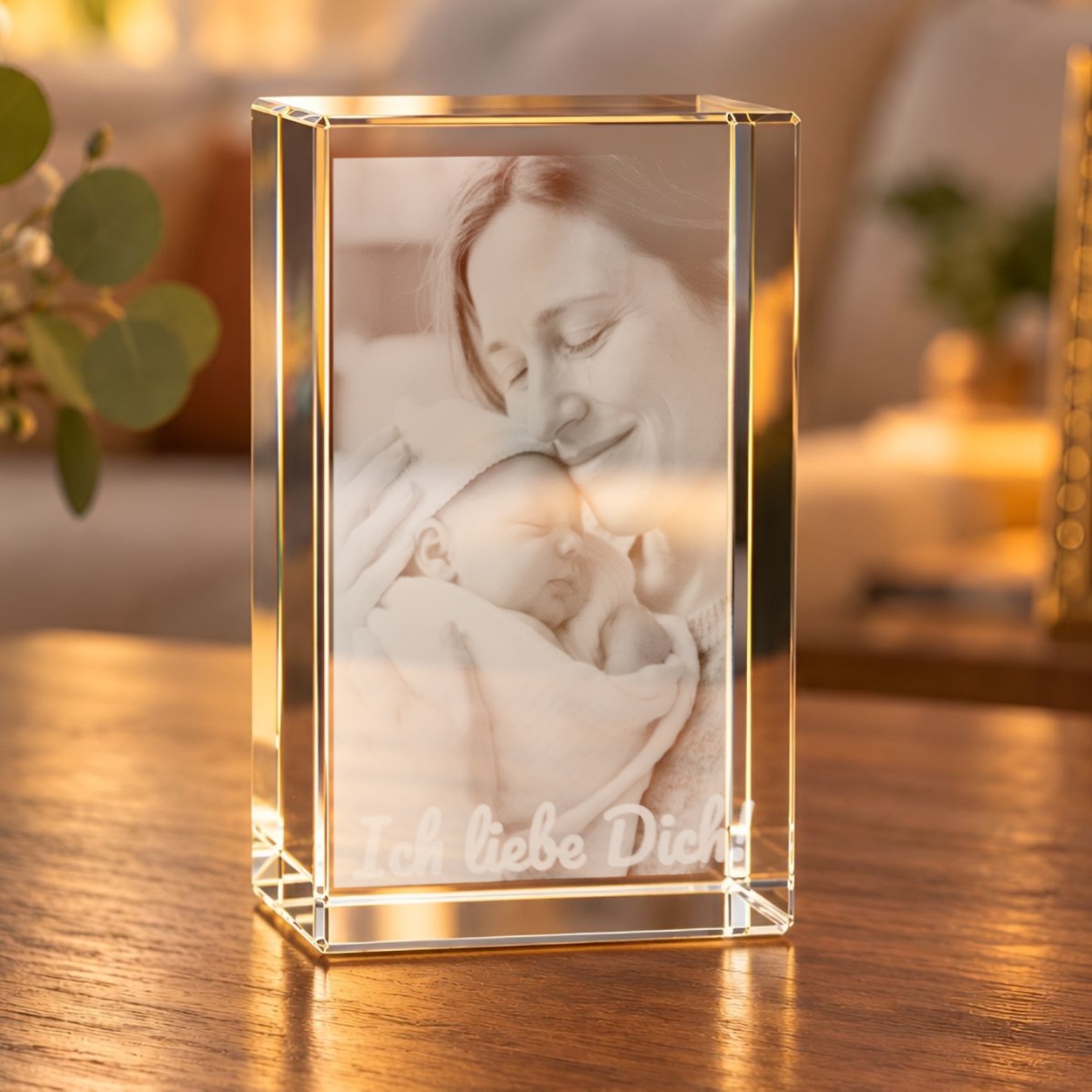Glaskristall mit Foto als Quader im Wohnraum, Innengravur einer Mutter mit Neugeborenem und Wunschtext, im warmen Licht auf einem Holztisch