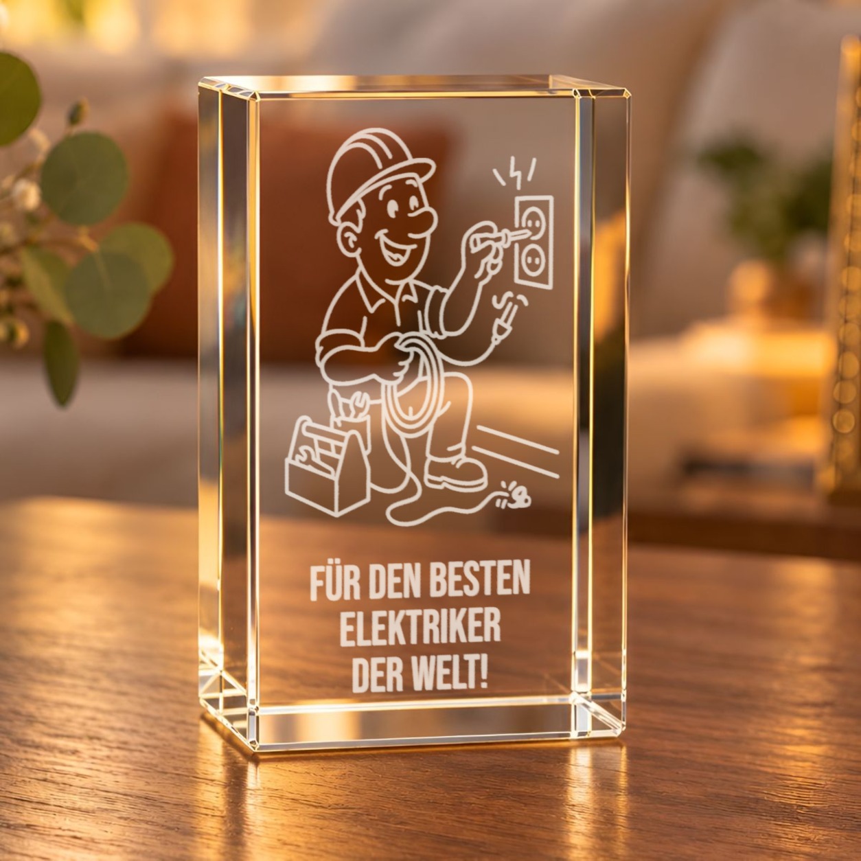 Glaskristall Elektriker mit 3D-Laserinnengravur auf einem Holztisch im Wohnzimmer, Motiv: Elektriker mit Schutzhelm und Schriftzug „Für den besten Elektriker der Welt!“