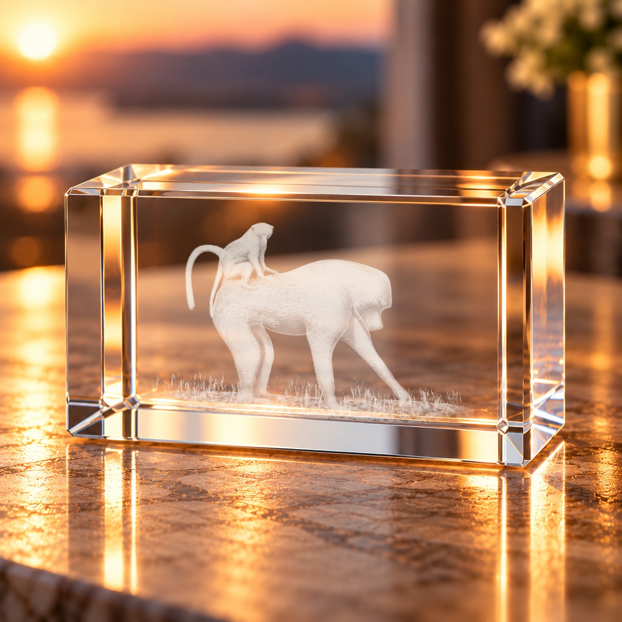3D-Glaskristall Affe mit Jungtier auf einer Anrichte im Wohnzimmer bei warmem Abendlicht