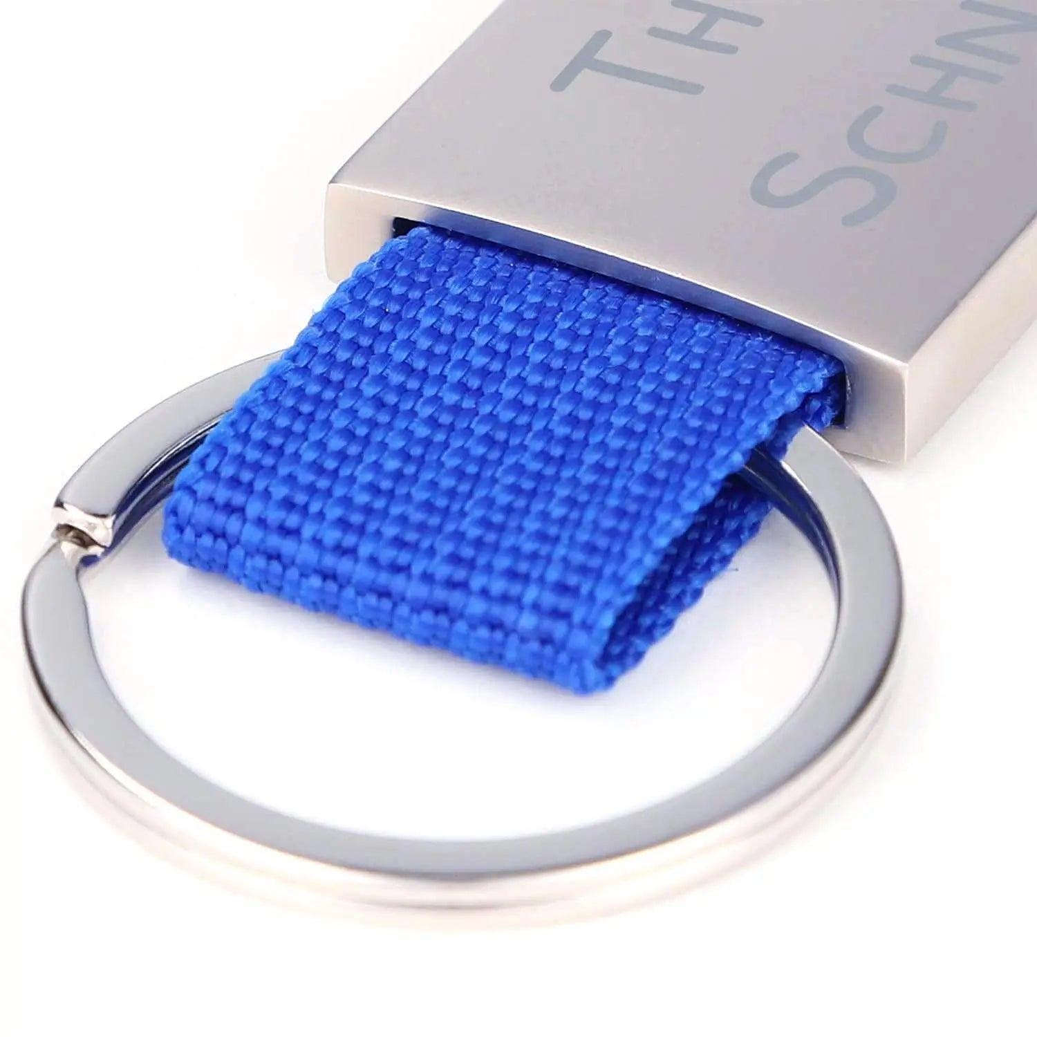 Schlüsselanhänger mit Band und Gravur "Athen" - Silber/Blau