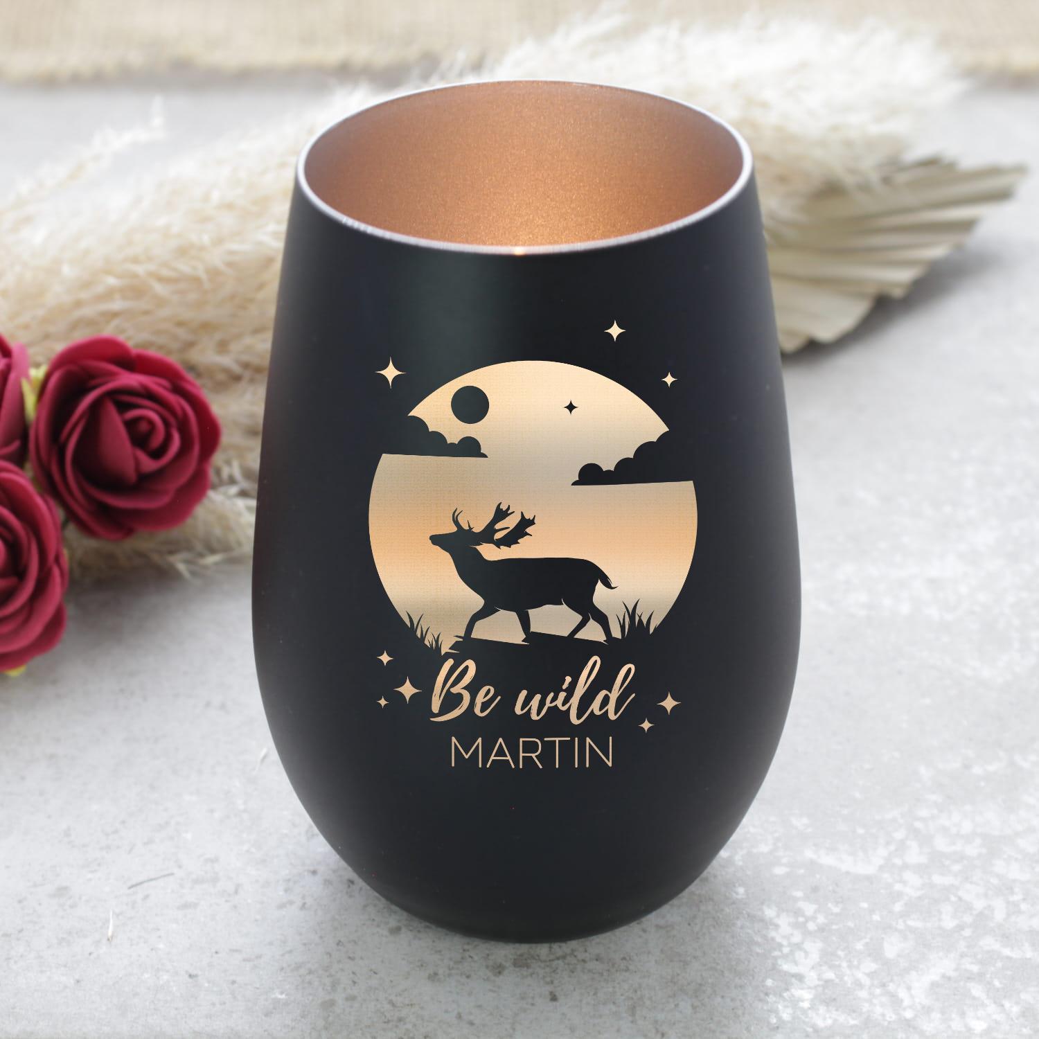 Windlicht mit Gravur Schwarz-Silber - personalisiertes Teelichtglas