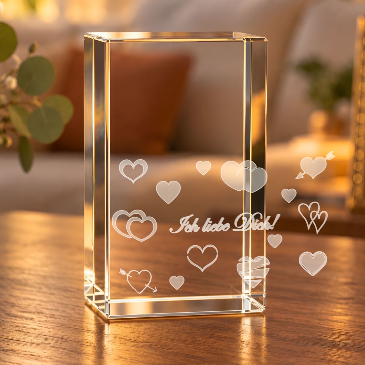 3D-Glaskristall Herzen mit Ich liebe Dich Gravur als Dekoration auf einem Holztisch im Wohnzimmer