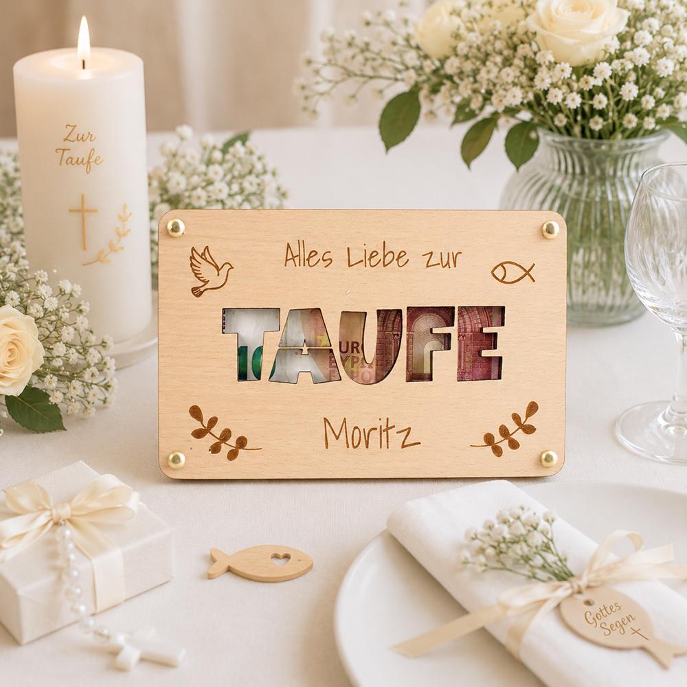 Geldgeschenk zur Taufe aus Holz - Personalisierte Geschenkverpackung mit Name | "Alles Liebe zur Taufe"