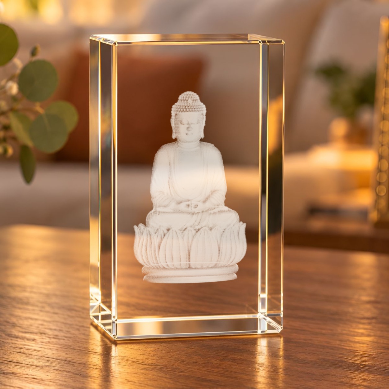3D-Glaskristall Buddha mit Laser-Innengravur auf einem Holztisch im Wohnraum