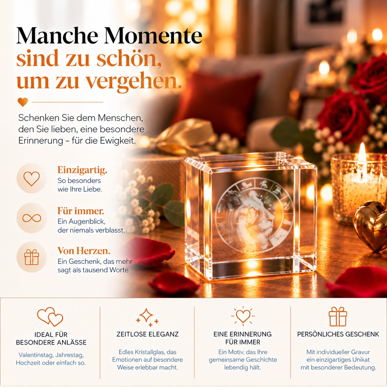 Glaswürfel mit lasergraviertem Löwenmotiv als Geschenk für Löwe-Geborene