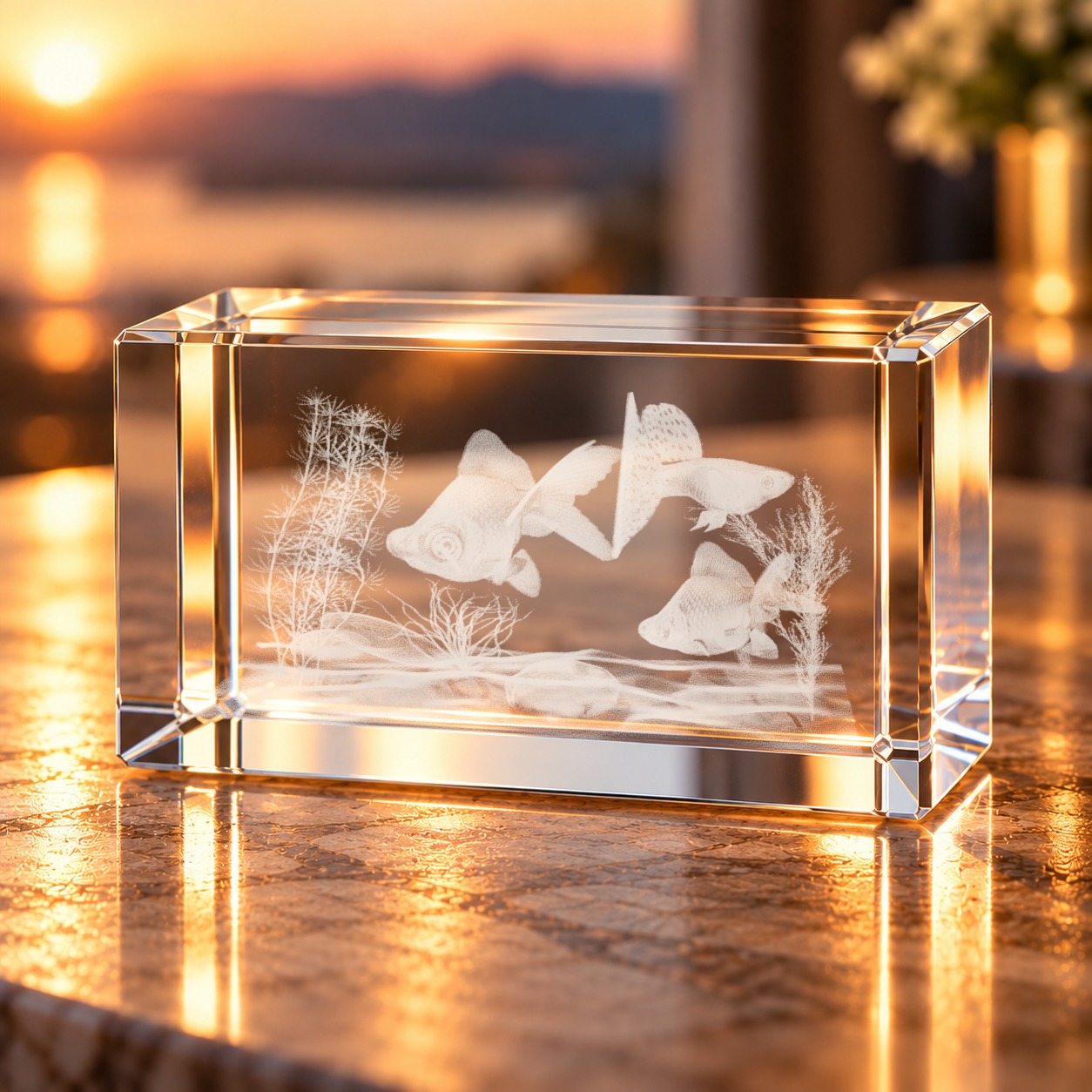 3D-Glaskristall Aquarium mit gravierten Fischen und Wasserpflanzen auf einem Tisch im Wohnraum bei warmem Abendlicht