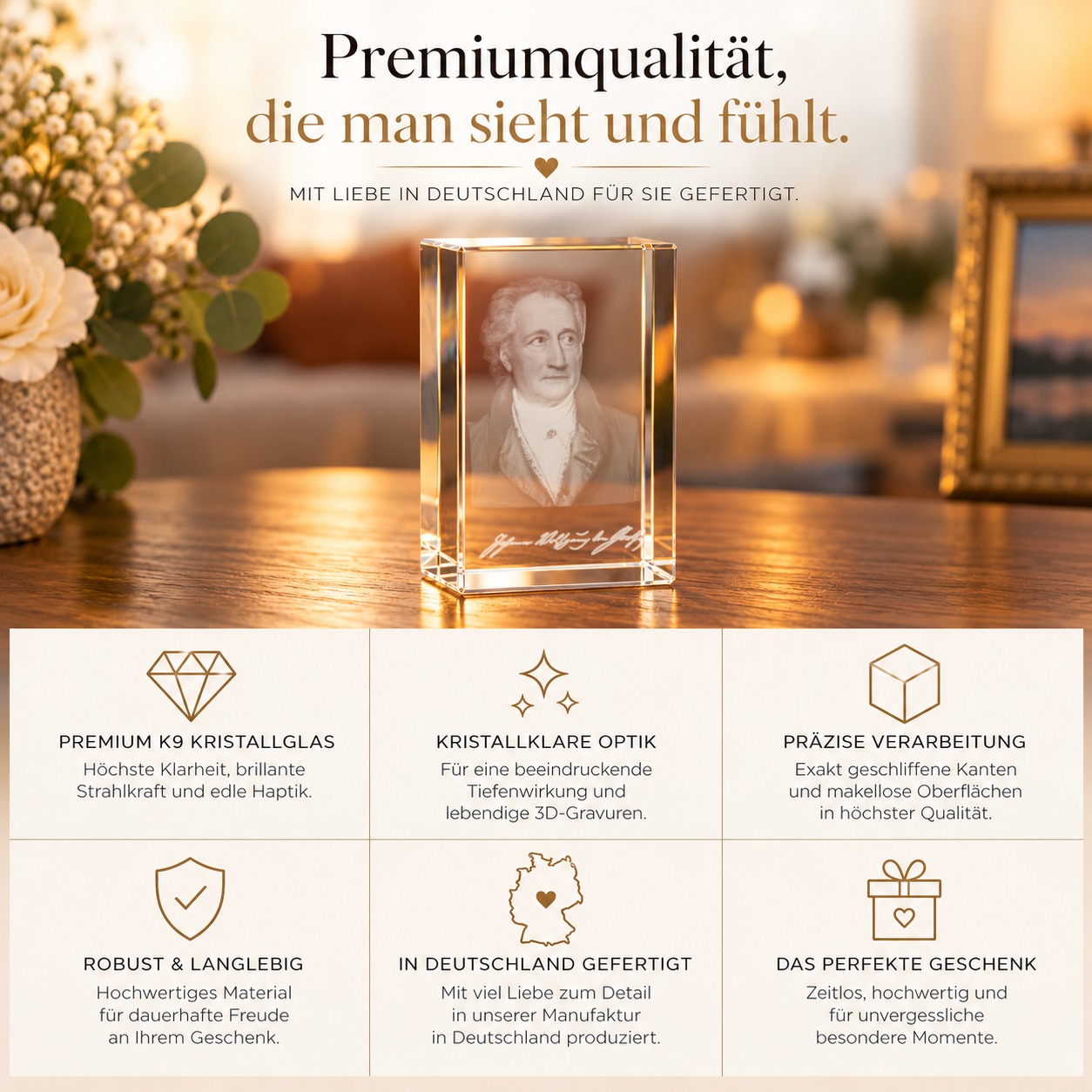 3D Glasquader Motiv: 3D Autogramm Johann Wolfgang von Goethe – Qualität