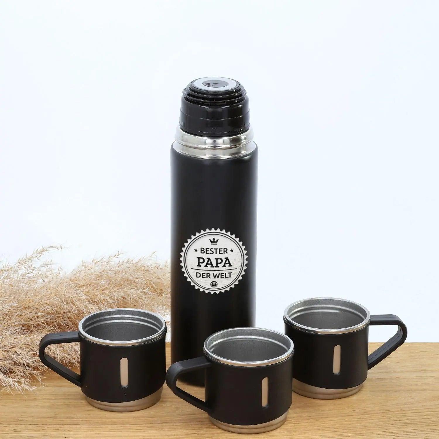 Isolierflasche personalisiert mit drei Bechern aus Edelstahl in schwarz (420 ml)