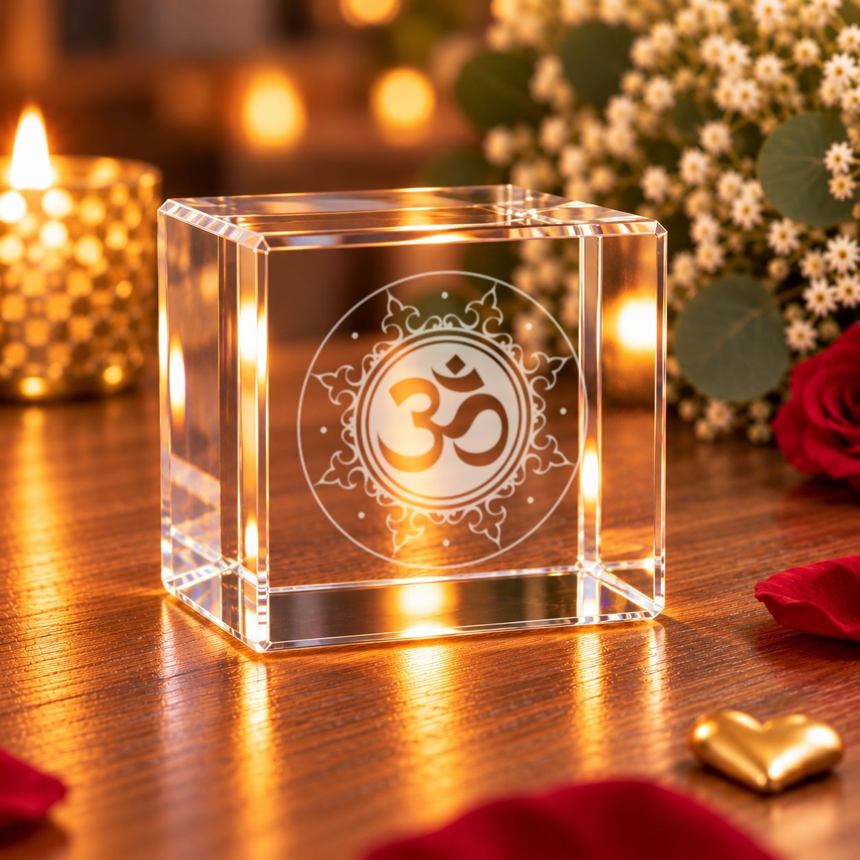 Glaskristall Om-Symbol mit 3D-Laserinnengravur auf einem Holztisch im Wohnraum, umgeben von Kerzenlicht und Blumen