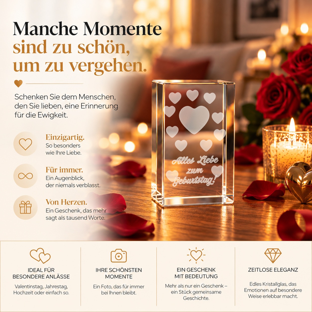 Glaskristall zum Geburtstag aus optischem Kristallglas mit 3D-Laserinnengravur in der Schrägansicht