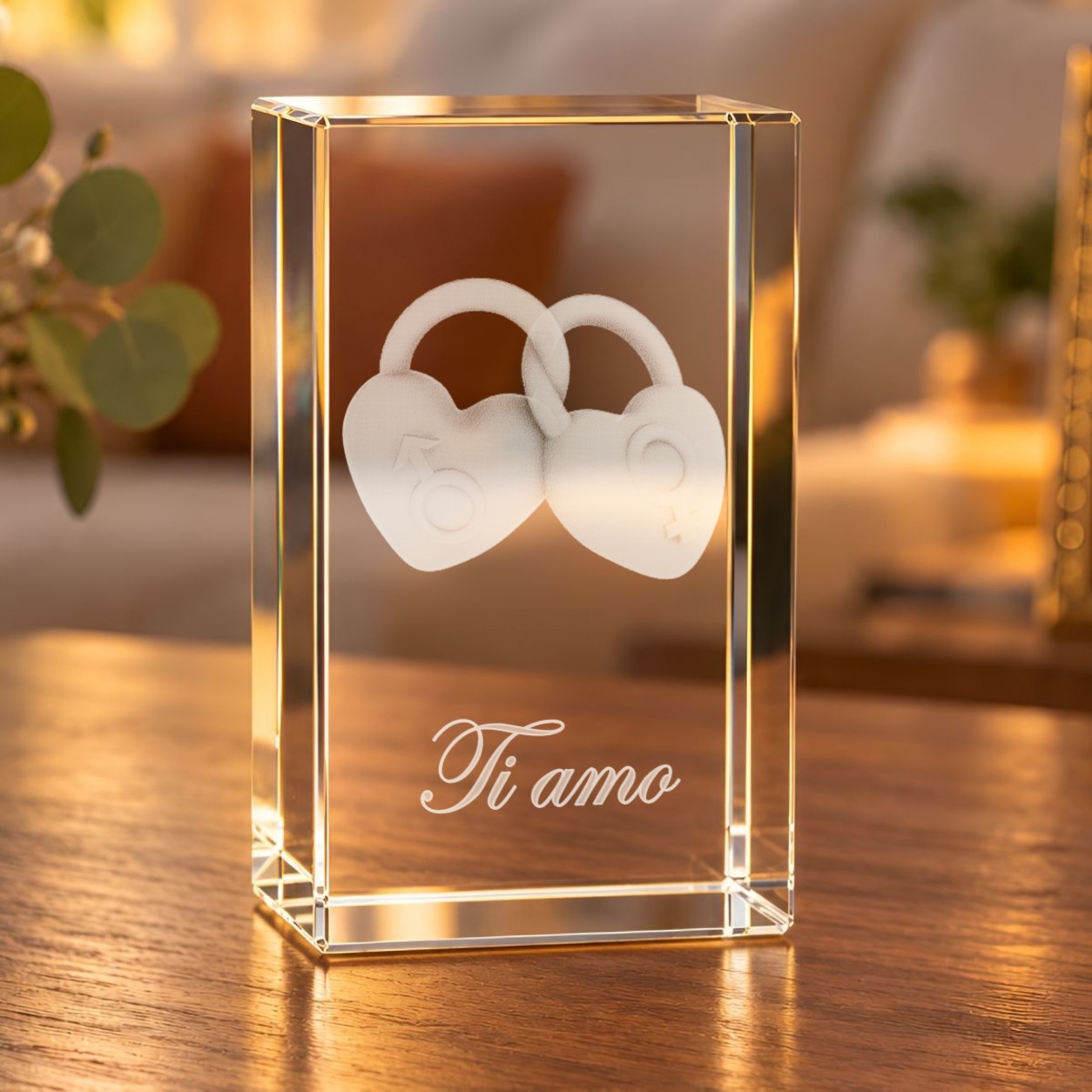 Glaskristall Liebesschloss mit zwei verbundenen Herzschlössern und dem Schriftzug „Ti amo“ auf einem Holztisch im Wohnzimmer