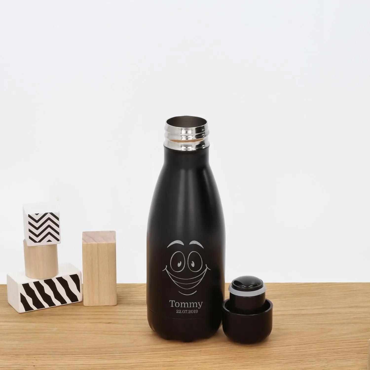Trinkflasche für Kinder personalisiert aus Edelstahl in schwarz (260 ml)