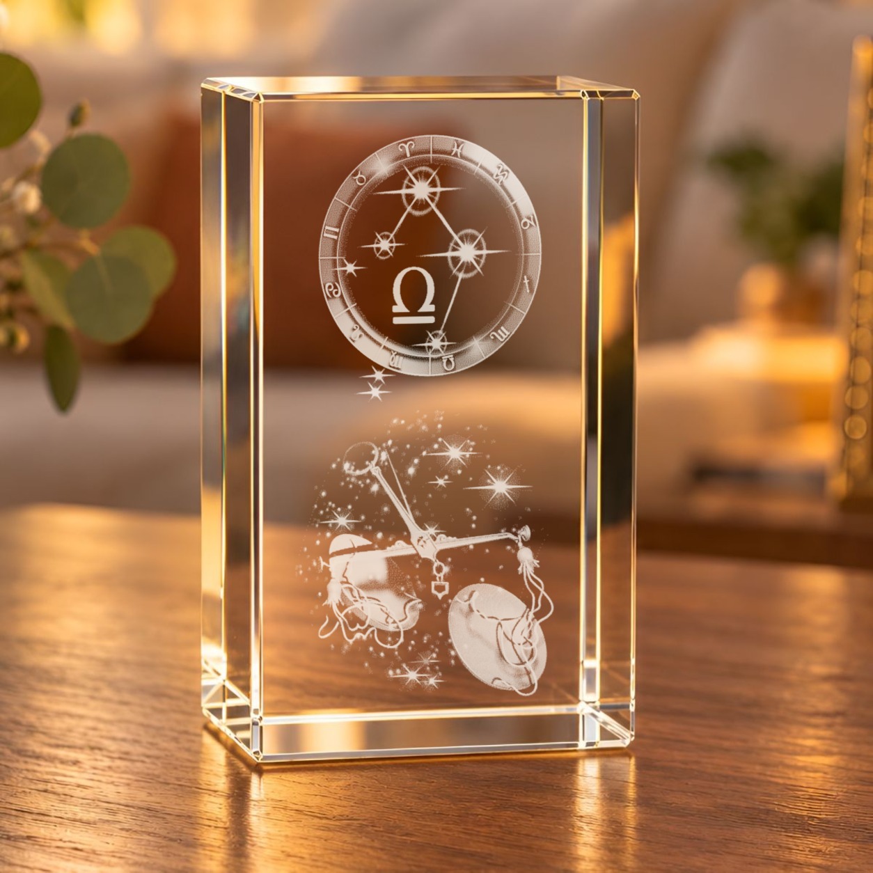 Glaskristall Sternzeichen Waage mit 3D-Innengravur aus Tierkreisring und Waage, auf einem Holztisch im Wohnzimmer