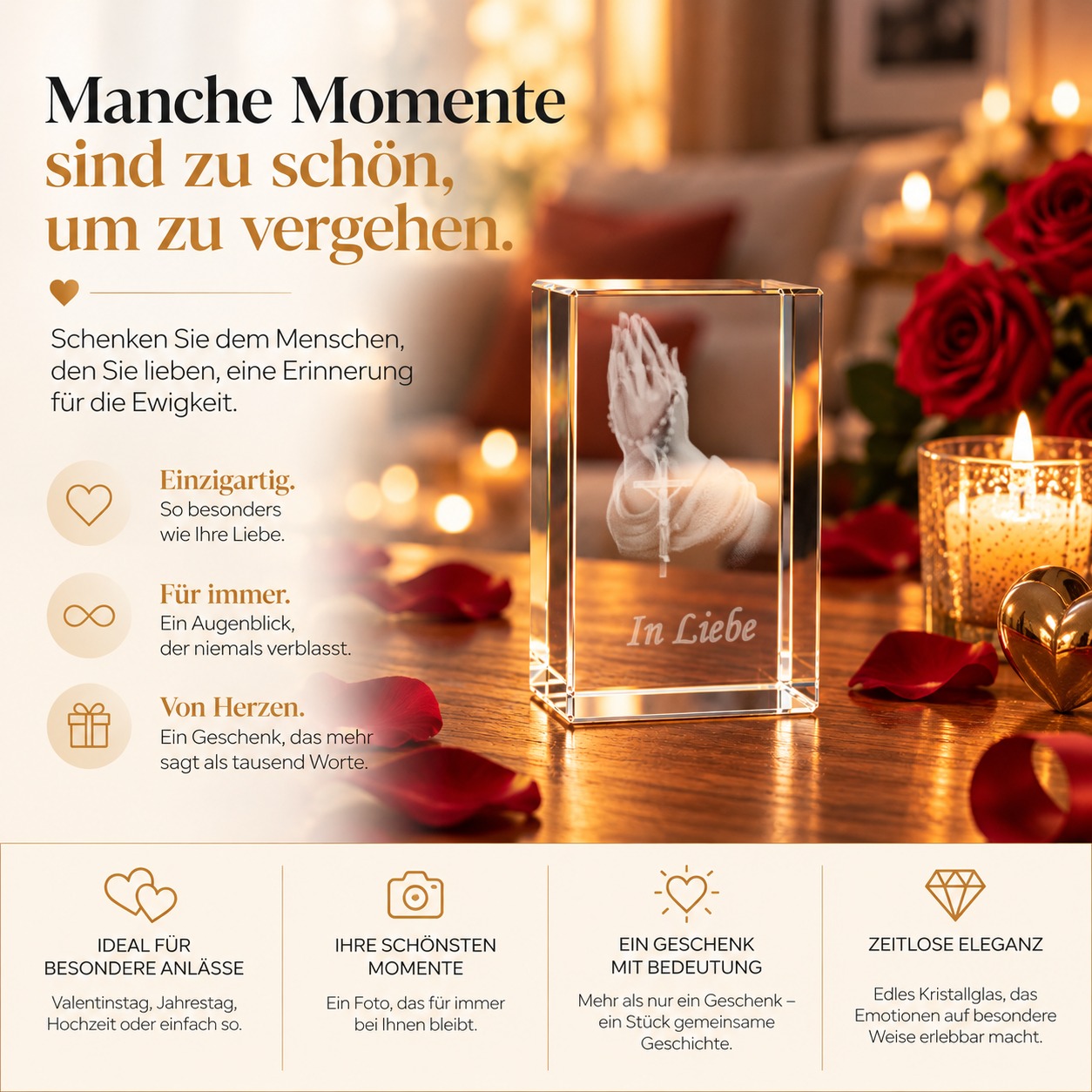 Glaskristall Betende Hände als Gedenkgeschenk mit Geschenkbox mit Magnetverschluss