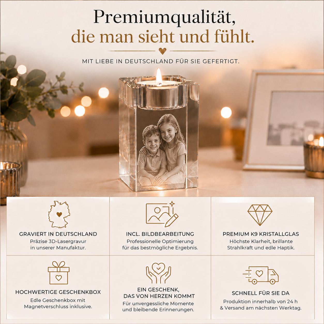 3D Glasfoto Teelicht mit Foto-Gravur